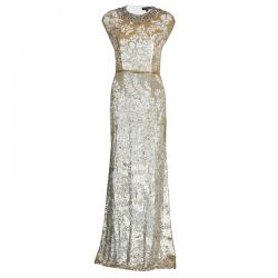 Jenny Packham Gold Sequin Embellished Sleeveless Gown M