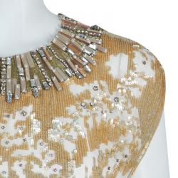 Jenny Packham Gold Sequin Embellished Sleeveless Gown M