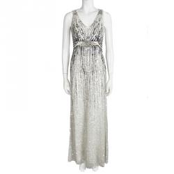 Jenny Packham Off White Sequin Embellished Beaded Sleeveless Gown M