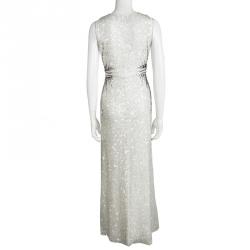 Jenny Packham Off White Sequin Embellished Beaded Sleeveless Gown M