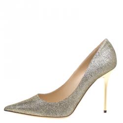 مملوكة مسبقًا حذاء كعب عالي جيمي تشو آبيل لامي ذهبي مقدمة مدببة مقاس 40.5