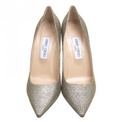 مملوكة مسبقًا حذاء كعب عالي جيمي تشو آبيل لامي ذهبي مقدمة مدببة مقاس 40.5