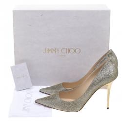 مملوكة مسبقًا حذاء كعب عالي جيمي تشو آبيل لامي ذهبي مقدمة مدببة مقاس 40.5