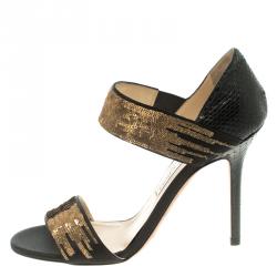 Pre Owned Jimmy Choo Black Satin and Python Tallow Gold Sequined Sandals Size 38.5