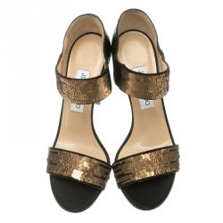 Pre Owned Jimmy Choo Black Satin and Python Tallow Gold Sequined Sandals Size 38.5