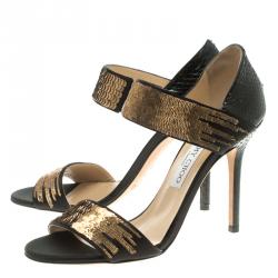 Pre Owned Jimmy Choo Black Satin and Python Tallow Gold Sequined Sandals Size 38.5