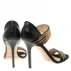 Pre Owned Jimmy Choo Black Satin and Python Tallow Gold Sequined Sandals Size 38.5