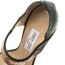 Pre Owned Jimmy Choo Black Satin and Python Tallow Gold Sequined Sandals Size 38.5