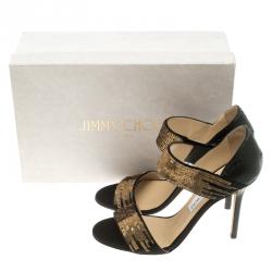 Pre Owned Jimmy Choo Black Satin and Python Tallow Gold Sequined Sandals Size 38.5