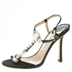 Jimmy Choo Black Satin Crystal Studded T-Strap Sandals Size 36