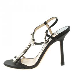 Jimmy Choo Black Satin Crystal Studded T-Strap Sandals Size 36