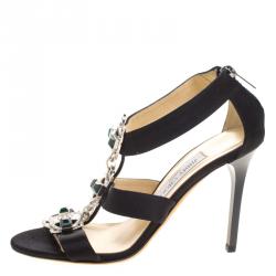 Pre Owned Jimmy Choo Black Satin Crystal Embellished Strappy Sandals Size 38