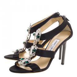 Pre Owned Jimmy Choo Black Satin Crystal Embellished Strappy Sandals Size 38