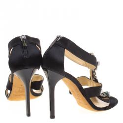 Pre Owned Jimmy Choo Black Satin Crystal Embellished Strappy Sandals Size 38