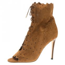 مملوكة مسبقًا بوت كاحل جيمي تشو أربطة مقدمة مفتوحة دي سويدي مخرم بني مقاس 40