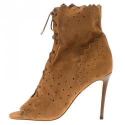 مملوكة مسبقًا بوت كاحل جيمي تشو أربطة مقدمة مفتوحة دي سويدي مخرم بني مقاس 40