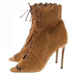 مملوكة مسبقًا بوت كاحل جيمي تشو أربطة مقدمة مفتوحة دي سويدي مخرم بني مقاس 40