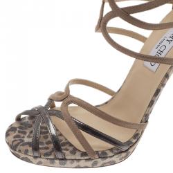 Pre Owned صندل جيمي تشو فلوريدا جلد سويدي ميتالك بيج ونقشة الفهد مقاس 39.5