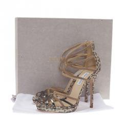 Pre Owned صندل جيمي تشو فلوريدا جلد سويدي ميتالك بيج ونقشة الفهد مقاس 39.5