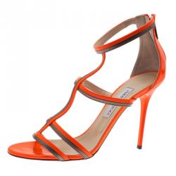 مملوكة مسبقًا صندل جيمي تشو تابيثا جلد برتقالي نيون مقاس 40