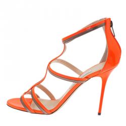 مملوكة مسبقًا صندل جيمي تشو تابيثا جلد برتقالي نيون مقاس 40