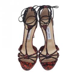 Pre Owned Jimmy Choo Orange Elaphe and Leather Motive Ankle Wrap Sandals Size 40