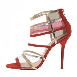 Pre Owned Jimmy Choo Red Multicolor Suede and Perspex Maitai Sandals Size 40