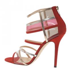 Pre Owned Jimmy Choo Red Multicolor Suede and Perspex Maitai Sandals Size 40