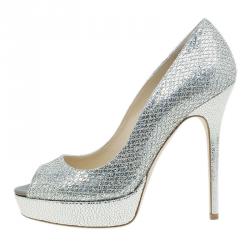 Jimmy Choo Silver Glitter Crown Peep Toe Platform Pumps Size 38