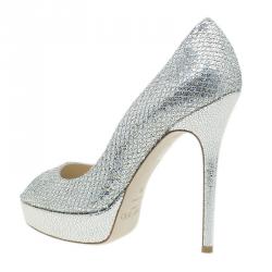 Jimmy Choo Silver Glitter Crown Peep Toe Platform Pumps Size 38