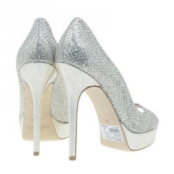 Jimmy Choo Silver Glitter Crown Peep Toe Platform Pumps Size 38