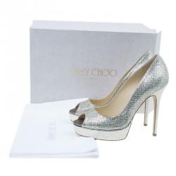 Jimmy Choo Silver Glitter Crown Peep Toe Platform Pumps Size 38