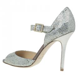 Pre Owned Jimmy Choo Gold Glitter Lace Peep Toe Pumps Size 40