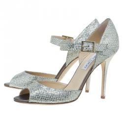Pre Owned Jimmy Choo Gold Glitter Lace Peep Toe Pumps Size 40