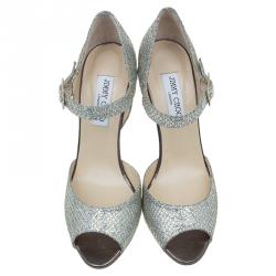 Pre Owned Jimmy Choo Gold Glitter Lace Peep Toe Pumps Size 40