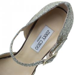 Pre Owned Jimmy Choo Gold Glitter Lace Peep Toe Pumps Size 40