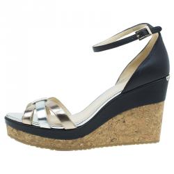 مملوكة مسبقًا Jimmy Choo Metallic Leather and Cork Ankle Strap Wedges Size 41 