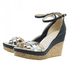 مملوكة مسبقًا Jimmy Choo Metallic Leather and Cork Ankle Strap Wedges Size 41 