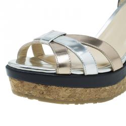 مملوكة مسبقًا Jimmy Choo Metallic Leather and Cork Ankle Strap Wedges Size 41 