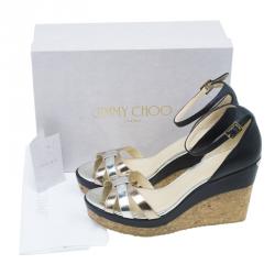 مملوكة مسبقًا Jimmy Choo Metallic Leather and Cork Ankle Strap Wedges Size 41 