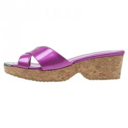 Pre Owned صندل سلايد جيمي تشو جلد أرجواني ميتاليك نعل فنيل مقاس 39