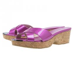 Pre Owned صندل سلايد جيمي تشو جلد أرجواني ميتاليك نعل فنيل مقاس 39