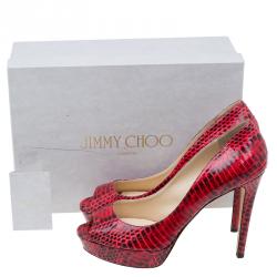 مملوكة مسبقًا Jimmy Choo Red Python Dahlia Peep Toe Platform Pumps Size 41