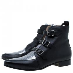Pre Owned Jimmy Choo Black and Silver Leather Marlin Ankle Boots Size 41 