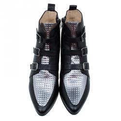 Pre Owned Jimmy Choo Black and Silver Leather Marlin Ankle Boots Size 41 