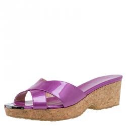 Pre Owned Jimmy Choo Purple Metallic Leather Panna Cork Mules Size 38.5