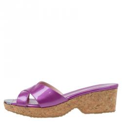 Pre Owned Jimmy Choo Purple Metallic Leather Panna Cork Mules Size 38.5