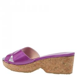 Pre Owned Jimmy Choo Purple Metallic Leather Panna Cork Mules Size 38.5
