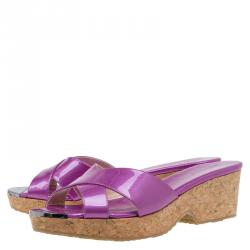 Pre Owned Jimmy Choo Purple Metallic Leather Panna Cork Mules Size 38.5