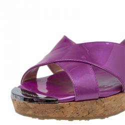 Pre Owned Jimmy Choo Purple Metallic Leather Panna Cork Mules Size 38.5